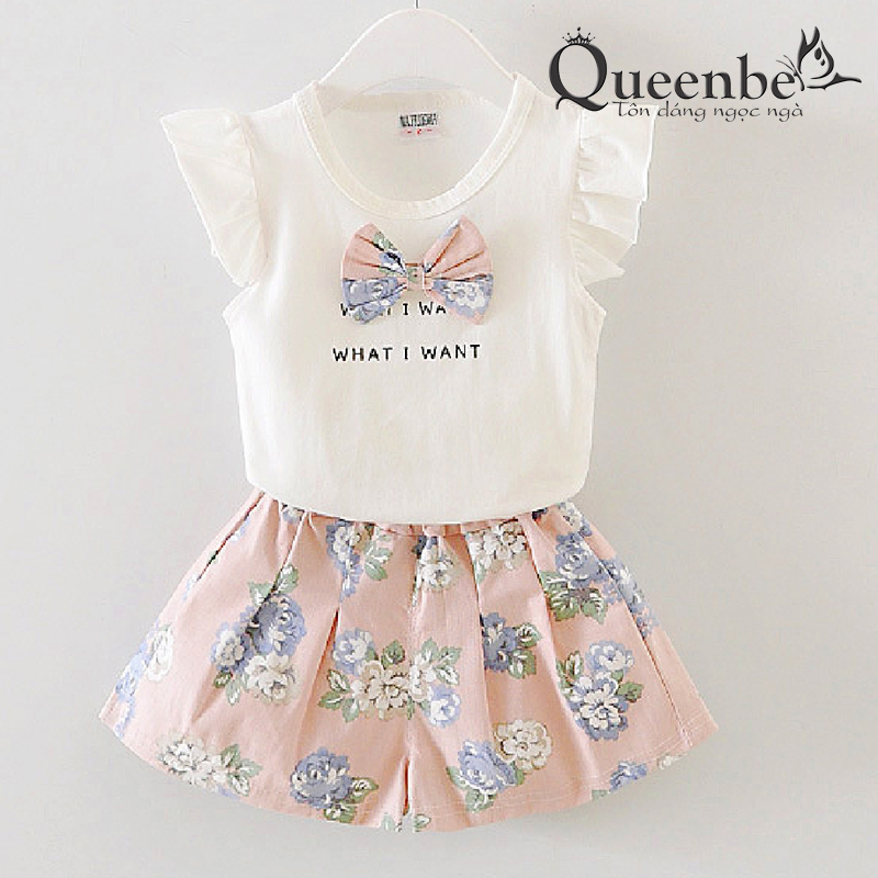 Bộ quần áo bé gái đính nơ Queenbe GLSET028 cotton tinh khiết họa tiết hồng
